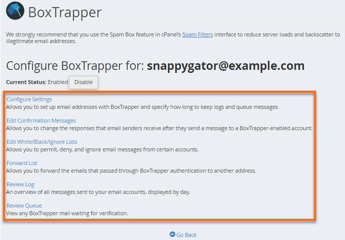 تنظیم BoxTrapper در سی پنل