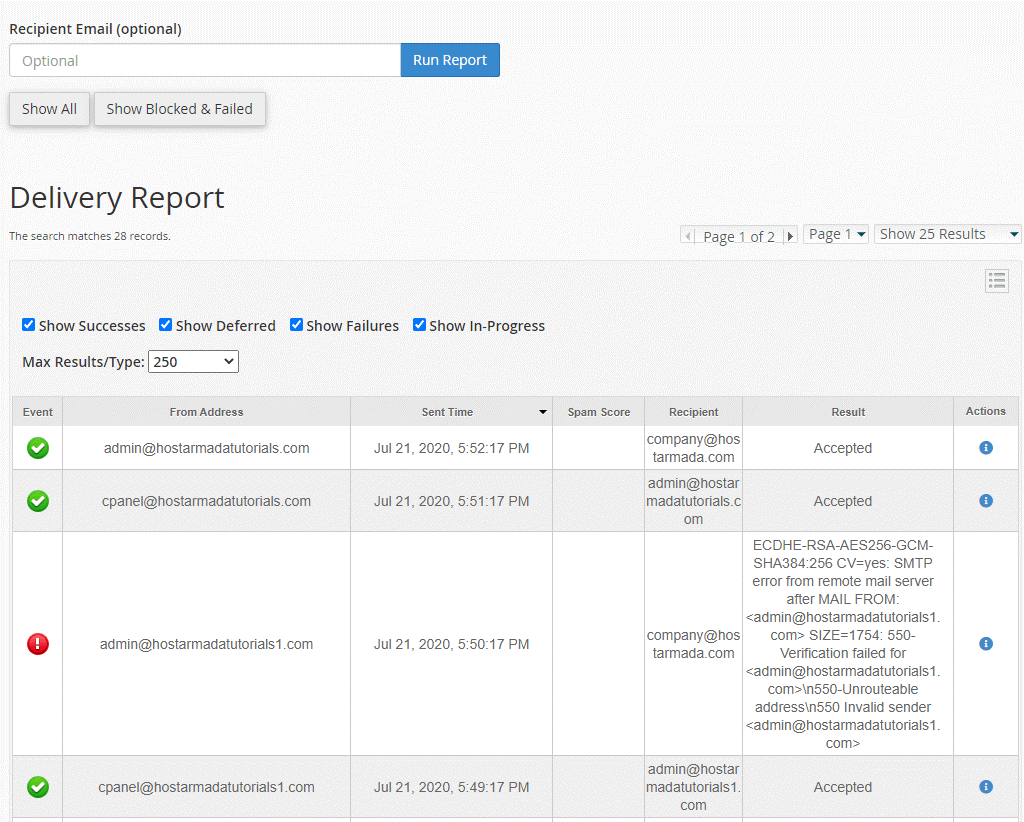 جزئیات گزارش ایمیل در سی پنل