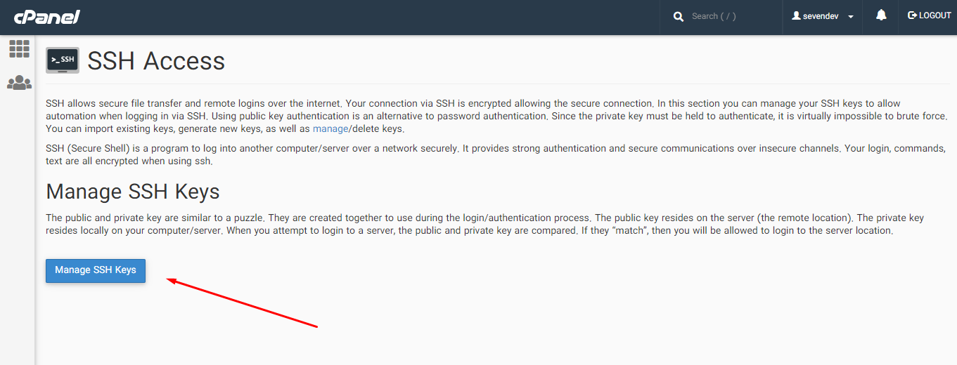 آموزش اتصال SSH در Cpanel دکمه Manage SSH Keys